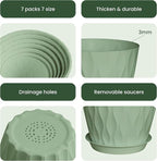 Plastic Plant Pots, 7/6.5/6/5.5/5/4.5/4 inch Flower Pots with Drainage Holes and Trays, 7 Pack Planter for Indoor Outdoor Plants (Green)