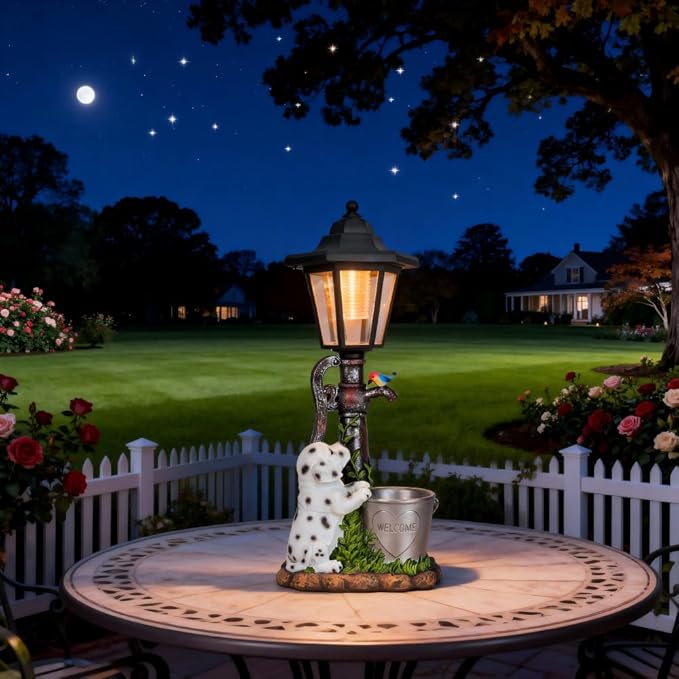 Solar Dalmatian Dog Garden Statue with Light-13 inches - Outdoor Waterproof decor with automatic lighting，perfect for Lawn,Patio, Yard-with Bucket & Bird Figurine for Dog Lovers, Mom, Grandma