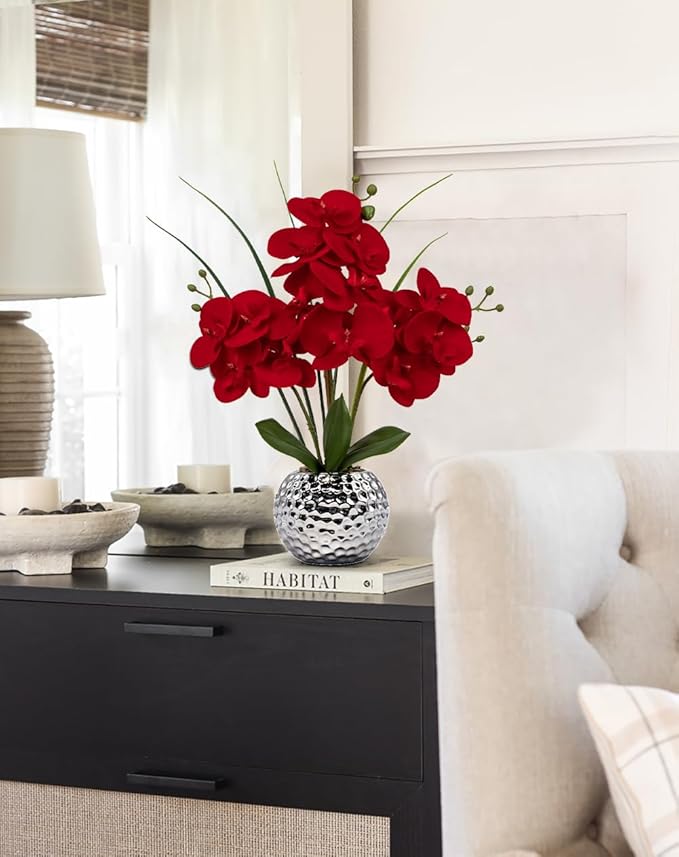 Briful Orchid Artificial Flowers 20'' Red Faux Orchid Flowers with Silver Vase Fake Phalaenopsis Silk Flowers for Home Office Dinning Room Kitchen Table Centerpiece Decor