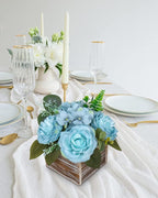 DILATATA Flower Arrangement with Wooden Vase 8" Artificial Flowers in Pot - Fake Flowers Roses Peonies Hydrangeas in Wooden Vase Potted Flower Centerpieces for Table Decor Living Room - Dusty Blue