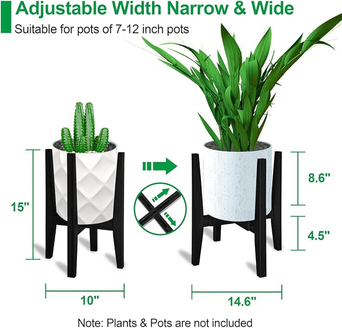 OERGKE 2 PACK Adjustable Plant Stand Indoor, Bamboo Mid Century Modern Plants Stands, Corner Flower Holder for Living Room, Fits 8 to 12 Inches Pots, (Pot & Plant Not Included)(Black)