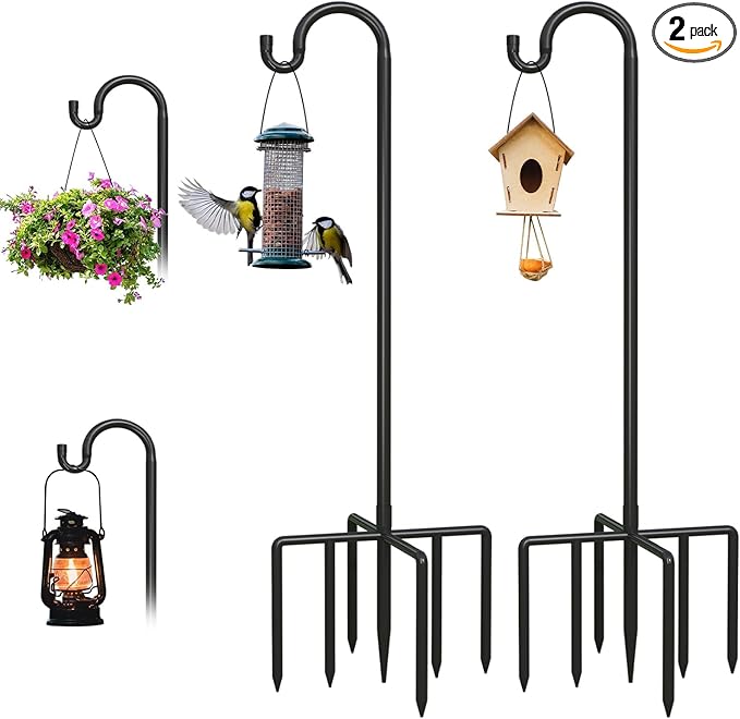 Breeze Touch 2Pack 62 Inch Adjustable Shepherd Hooks for Outdoor Outside, Heavy Duty with 7 Prongs Base, for Hanging Lantern, Hummingbird Feeder, Lightweight Plant, Wind Chime, Bird Feeder Hanger