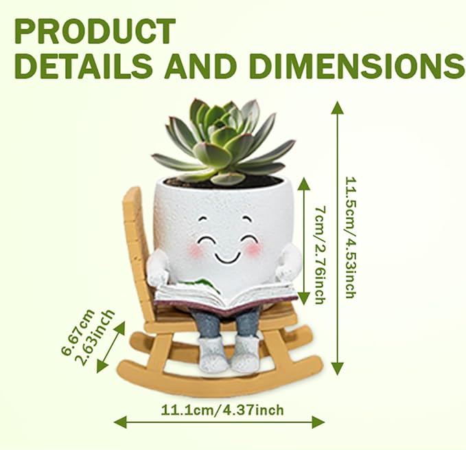 Smily Face Rocking Chair Reading Book Planter Pots, Cute Resin Flower Head Succulent Planters for Indoor Plants, Gift IdeaI for Mother Christmas Birthday with Drainage Hole