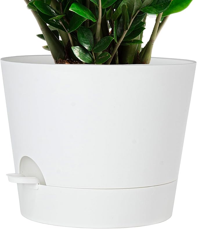 SwinDuck 12inch Large Self Watering Plant Pot, Plastic Cylinder Planter with 60Oz Deep Reservoir and Saucer for Indoor Outdoor Plants Flowers Houseplants, White