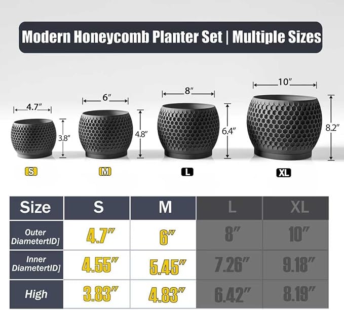 Plant Pots, Modern 3D Printed Honeycomb Planters for Indoor Plants, 4.7/6 Inch Matte Black Decorative Flower Pot for Office Desktop, Bookshelf & Home Decor, Lightweight & Durable.