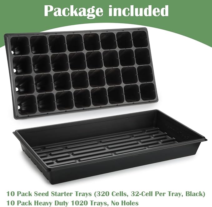 RooTrimmer 10 Pack 1020 Trays No Holes and 10 Pack 4.3" Deep 32 Cell Seed Starter Trays, 20" x 10" - Heavy Duty Plastic Nursery Flats for Seed Germination & Plant Propagation (10 Sets)