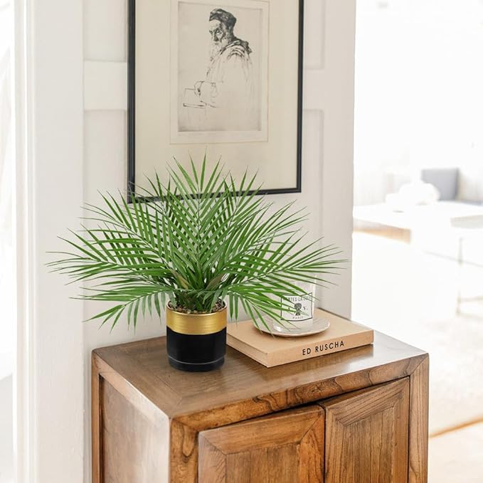 Briful Fake Plant 15.7’’ Artificial Palm Plant in Gold Black Pot Real Touch Faux Tropical Palm Tree Houseplant for Home Indoor Living Room Tabletop Balcony Decorations