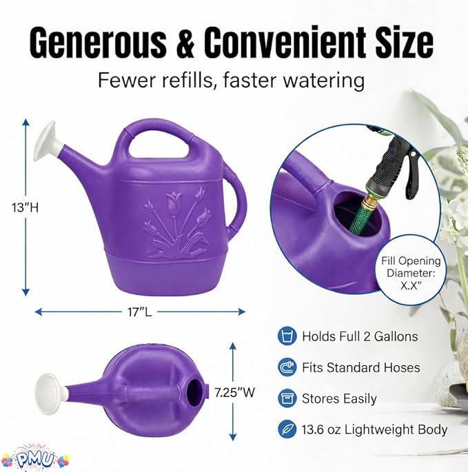 PMU 2 Gallon Watering Can - Garden Watering Can for Indoor & Outdoor Plants - Plastic Water Can with Detachable Sprinkler Head - Large Water Pot, Made in USA - Purple Pkg/6