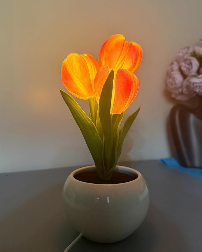 Tulip Flower Table Lamp Pink LED Desk Night Light with Vase, Artificial Flower Decor for Bedroom, Living Room, Elegant Centerpiece for Wedding Birthday Party, Home Decor Gift