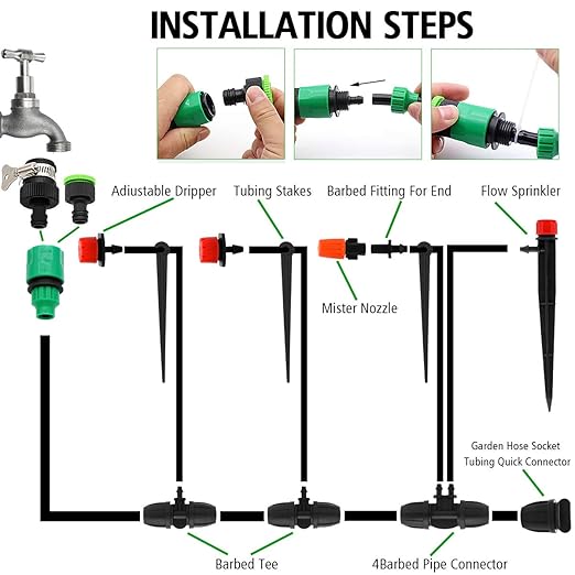 Drip Irrigation System, 100FT Drip Irrigation Kit for Garden - 50FT Main & 50FT Branch Tubing, Adjustable Nozzles for Drip or Mist Cooling, Irrigation System for Garden, Lawn, Patio, Raised Bed