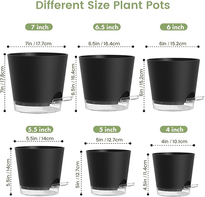 Meowell Self Watering Pots Pack of 6 – Different Size 4" to 7" Indoor Plant Pots with Drainage Holes and Clear Reservoir for Visible Water Level, Plastic Wicking Planters for House Plants, Black
