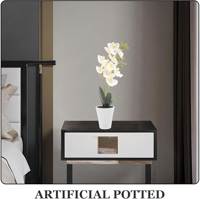 Uonlytech Artificial Potted Orchid Bonsai White Faux Flower Plant Indoor Home Decor Decorative Phalaenopsis Simulation Potted Plant for Living Room Office Table