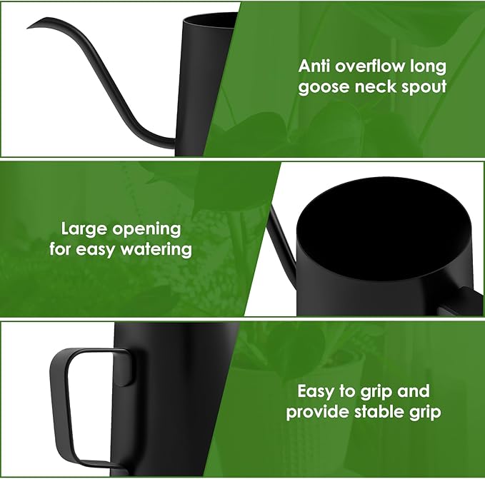 12oz/350ml Stainless Steel Plant Watering Pot,Small Watering Can for Indoor Plants,Mini Watering Can with Long Mouth & Ergonomic Handle for Indoor House Plants Flower Bonsai Outdoor Garden(Black)