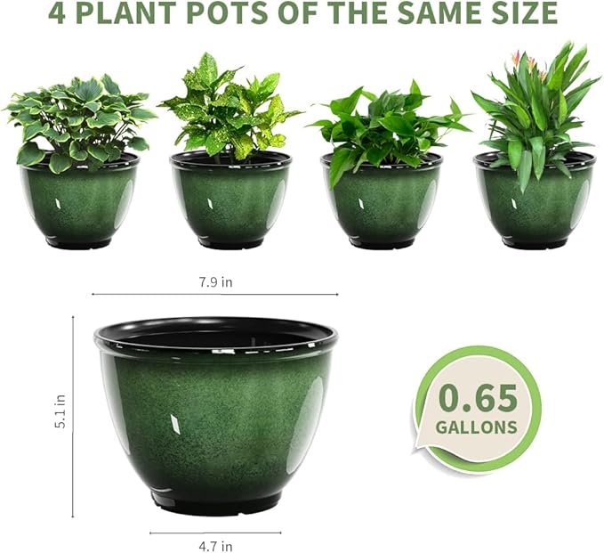 Vanslogreen 8 Inch Plastic Plant Pots, Set of 4 Flower Pots Planters with Drainage Hole, Glossy Smooth Finish Planter for Indoor Outdoor Succulent Snake Plants (Green)