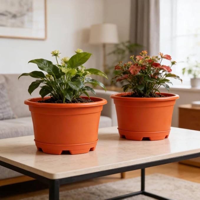 KPUVX 5 Pack 8.5 inch Plant Pot,Outdoor Flower Pots,Plastic Pots for Plants Indoor with Drainage Holes and Trays, Decorative Garden Containers Sets for Houseplants