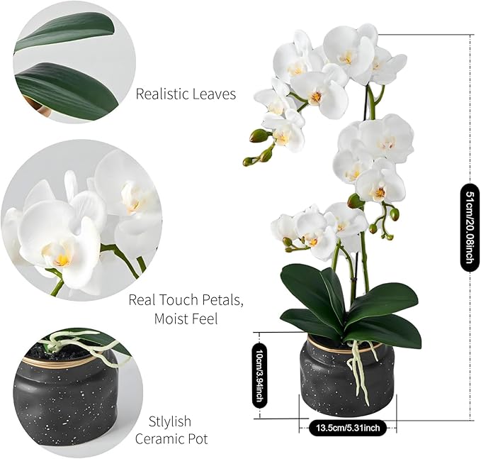 Avoeco Artificial Real Touch Orchid Plant – 20″ Faux Phalaenopsis in Pot – Highly Realistic Silk Orchid Flower & Leaf Texture for Home, Office,Shop & Wedding Décor (1 White, 20”)