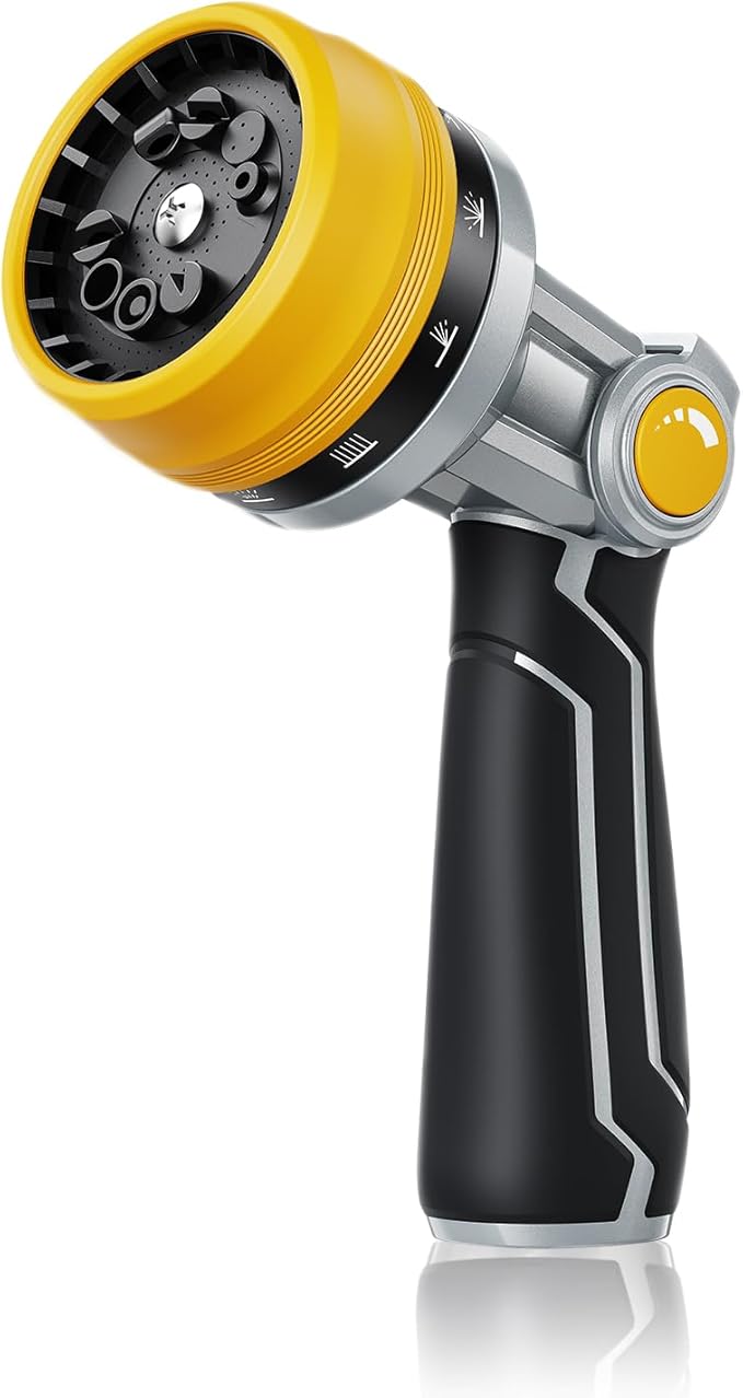 RAINPOINT Full-Metal Garden Hose Nozzle, Heavy Duty Water Hose Nozzle Sprayer With 10 Adjustable Patterns & High Flow,Thumb Control For Flow Adjustment, Ideal For Watering, Washing, Cleaning,Yellow