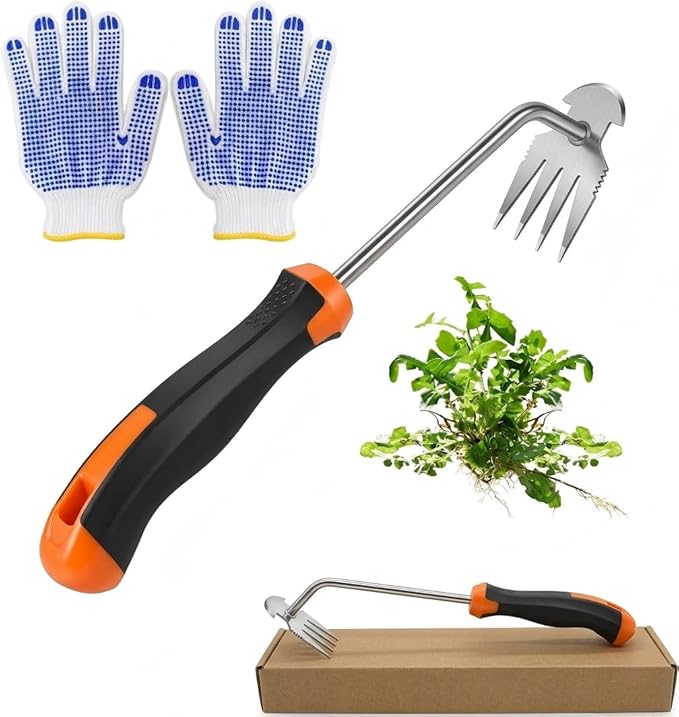 Weed Puller Tool with Thick Work Gloves, 4-Teeth Stainless Steel Hand Weeder, Deep Root Weed Remover for Dandelions Crabgrass, Gardening Weeding Tools for Garden Backyard Farm 13.7inch