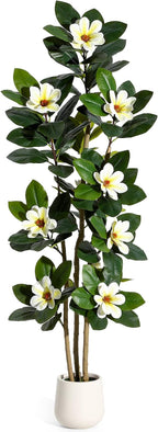 GarveeHome Faux Rubber Tree, 72 Inch Artificial Plants Indoor with Real Touch Leaves and Multi Trunks, Artificial Tree Fake Potted Plants with White Flowers for Home Decor Office Living Room