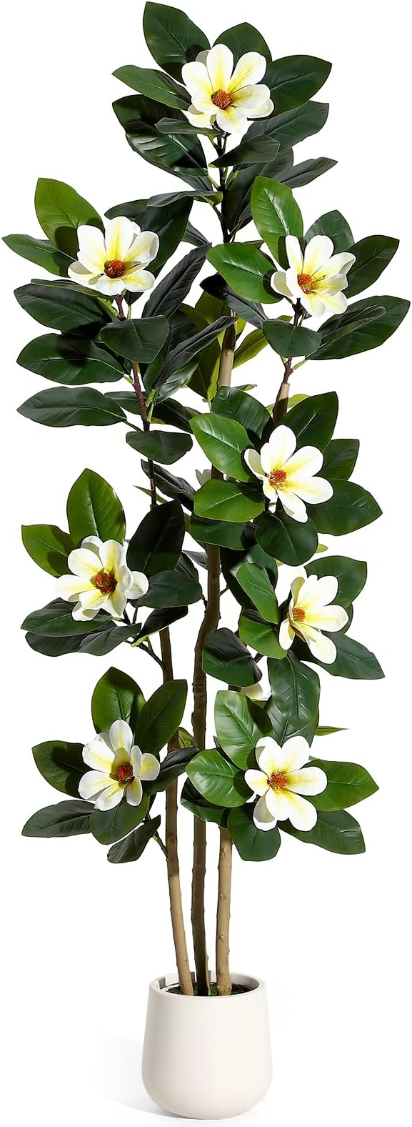 GarveeHome Faux Rubber Tree, 72 Inch Artificial Plants Indoor with Real Touch Leaves and Multi Trunks, Artificial Tree Fake Potted Plants with White Flowers for Home Decor Office Living Room