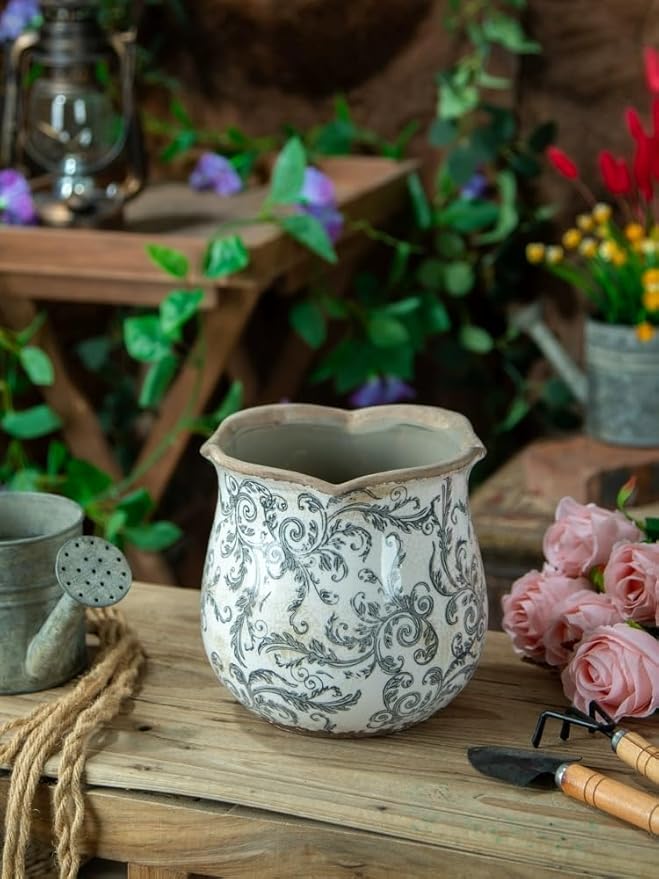 Vintage Ceramic Planter, Vintage Planter Pot with Floral Edges, Ice Crack Flower Pot with Drainge Hole Decorative Planter for Indoor and Outdoor Tuscan Decor Vase Gardening Gift