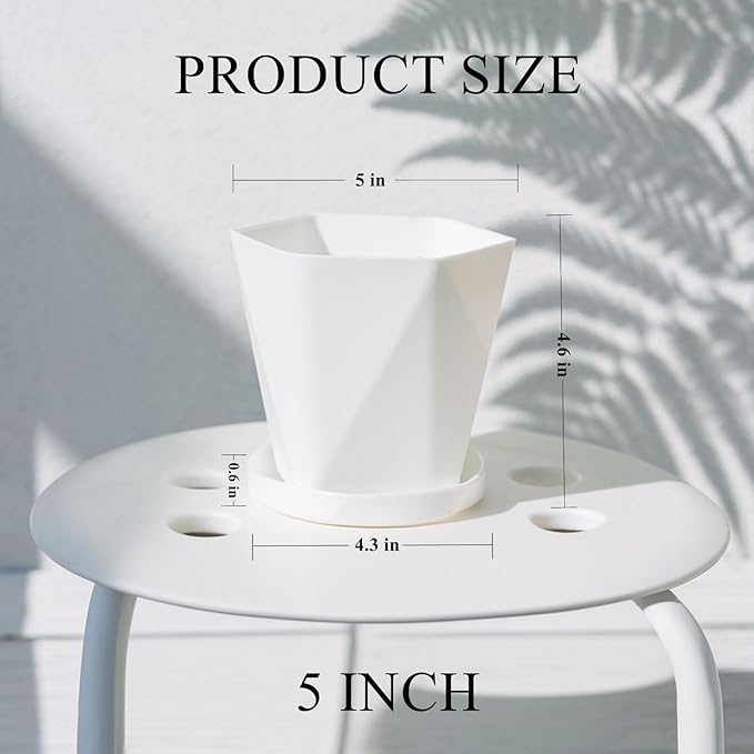 InmeRun Plant Pots Indoor Plastic Flower Pots Outdoor 5 inch Set of 6 Pack with Drainage Holes and Saucers for Garden Pots (5in 6 White)