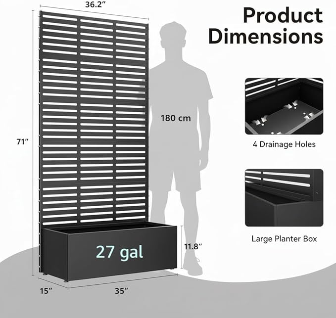 QINPTWUT Louver Edition Privacy Screen Planter Box with Trellis, Metal Raised Garden Bed for Climbing Plants, Outdoor Pattern Divider for Patio Balcony Backyard, 27 Gallon Capacity, Easy Assembly