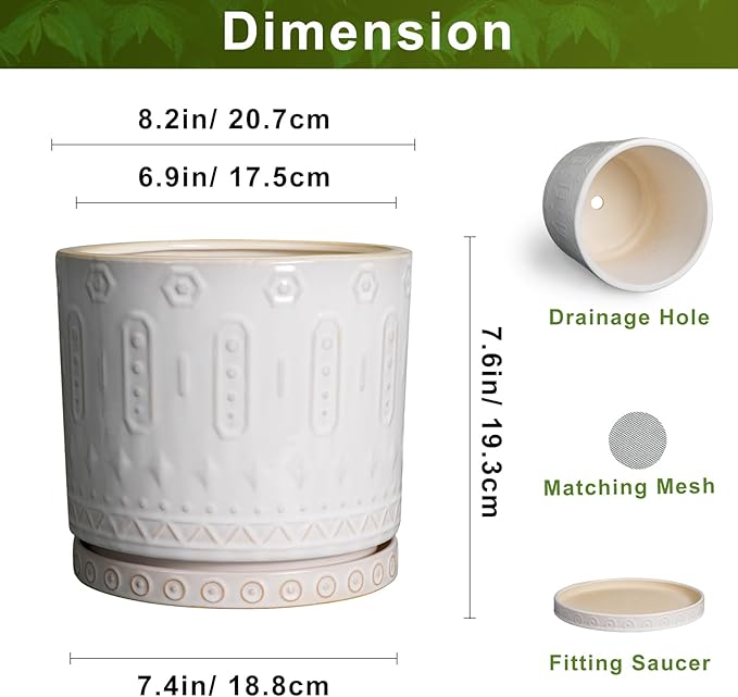 8 Inch Plant Pot, Ceramic Planter for Indoor Plants Outdoor, Round Planter with Drainage Hole and Tray, Boho Flower Pot, Decorative Pots for Plants, Home Decor, Plant Lover Gifts, White