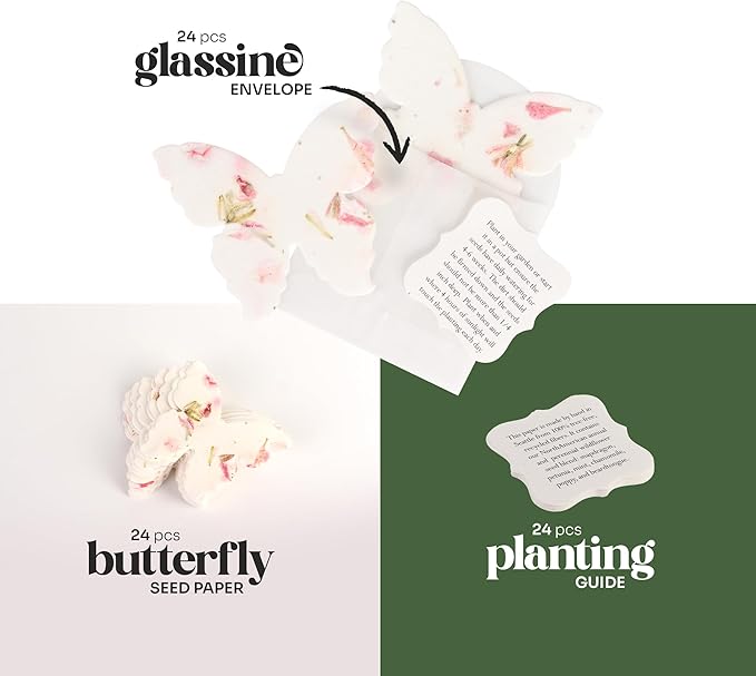 Set of 24 Pink Butterfly Seed Paper – Writable & Plantable Wildflower with Envelopes & Planting Guides, Mom's Gift for Mother’s Day, Use for Wedding, Baby Shower, Party Favors & Easter Decorations