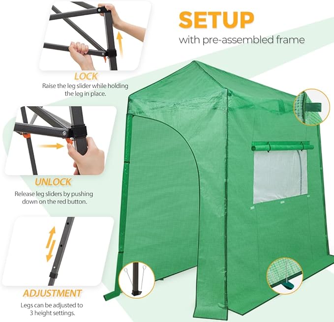 EAGLE PEAK 9x4 Portable Walk in Greenhouse, Pop Up Indoor Outdoor Greenhouse, Green House Kit with Zippered Roll-Up Doors and Windows, Lean-to Design, PE Cover, Clear/Green