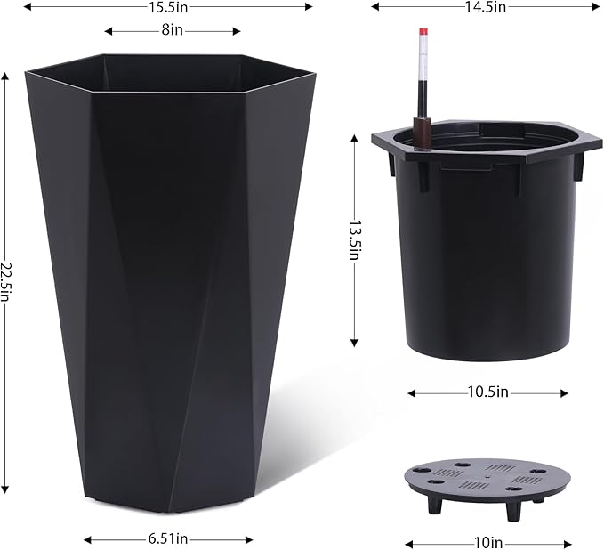 22.4 Inch Tall Planters for Outdoor Indoor Plants Set of 2, Tapered Large Flower Pots with 2 Trays and a Water Level Monitor Planter Pots, Plant Pot for Patio, Balcony, Lounge