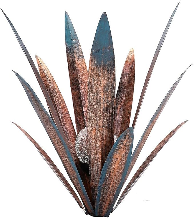 Jesokiibo 2pcs Tequila Sculpture Metal Agave Plant Home Decor Rustic Hand Painted Figurines Yard Decorations Lawn Ornaments（Multi-Color LED Solar Light Green） (Blue)