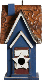 Glitzhome 12.25" H Patriotic Solid Wood Hanging Birdhouse for Outside, Decorative Pet Cottage Villa Distressed Wooden Bird House with 3D Star for Garden Patio Backyard
