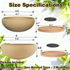 MUZHI 2 Pack Round Unglazed Ceramic Bonsai Pot with Bamboo Tray 8"+6.5", Large Rough Pottery Succulent Planter with Drainage Hole