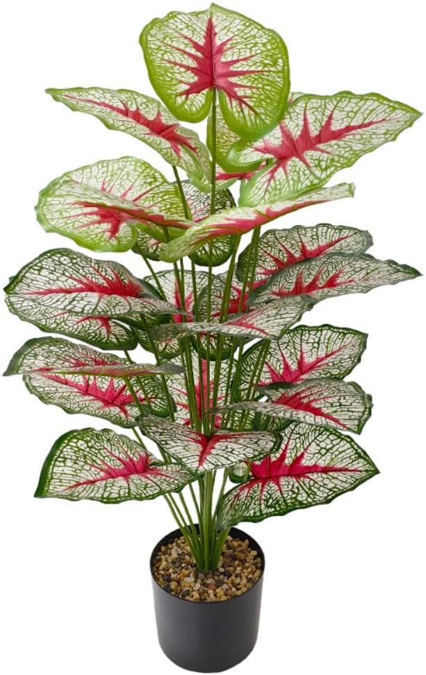 Artificial Caladium Plant with Red and Green Leaves, Red Leaf Artificial Plants Decoration Simulated Bonsai Potted Decor Home Room Party Wedding Office Floor (White(No Flowerpot), 85cm)