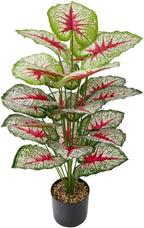Artificial Caladium Plant with Red and Green Leaves, Red Leaf Artificial Plants Decoration Simulated Bonsai Potted Decor Home Room Party Wedding Office Floor (White(No Flowerpot), 85cm)