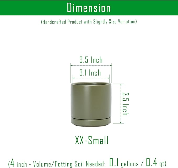 D'vine Dev 3.5 Inch Ceramic Planter Pot with Drainage Hole and Saucer, Indoor Cylinder Round Planter Pot, Olive, 94-O-A-J