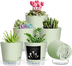 Self Watering Pots for Plants, 2026 New Flower Plant Pots with Drainage Holes, Wicking and Clear Reservoirs for Succulent, Aloe, Cacti and Others - 6 Pack (Green, 6")