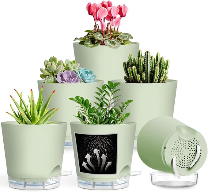 Self Watering Pots for Plants, 2026 New Flower Plant Pots with Drainage Holes, Wicking and Clear Reservoirs for Succulent, Aloe, Cacti and Others - 6 Pack (Green, 6")