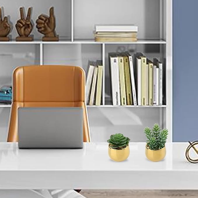 Briful Small Artificial Succulents in Pots Set of 3 Realistic Faux Succulents Plants with Gold Ceramic Pots Cute Mini Fake Plants Decor for Modern Home Table Office Desk Bathroom Shelf Decoration