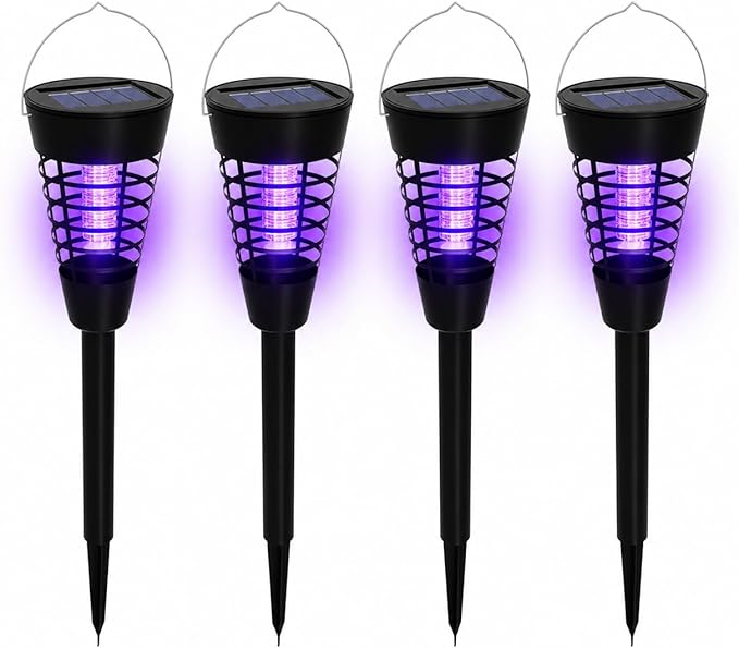 Solar Mosquito Zapper Outdoor 4 Pack, 2-in-1 Mosquito Trap Light Used to Keep Away Gnat Small Flying Insect,Waterproof Bug Zapper for Outside,Solar Fly Zapper for Patio Garden Backyard