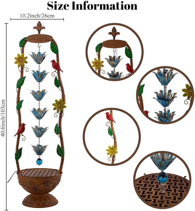 40" Vintage Metal Floor Water Fountain - Soothing Waterfall Outdoor Fountains with 6 Hanging Cups for Garden Patio Backyard Deck Decor, 1108 - Copper Birds & Flower
