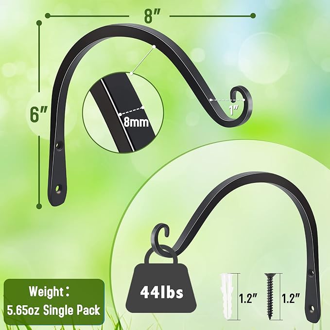 FEED GARDEN Heavy Duty Plant Hooks - 2 Pack 8 Inch Wall Mounted Hanging Brackets, 44lb Capacity Steel Plant Hangers for Bird Feeders, Baskets, Wind Chimes - Black