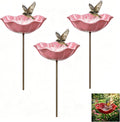 Handmade Metal Flower Garden Stake Bird Bath, Hummingbird Feeder, Bee & Butterfly Puddler, Mini Pollinator Watering Station for Garden Patio Lawn Yard Decor, Pink, 3PCS