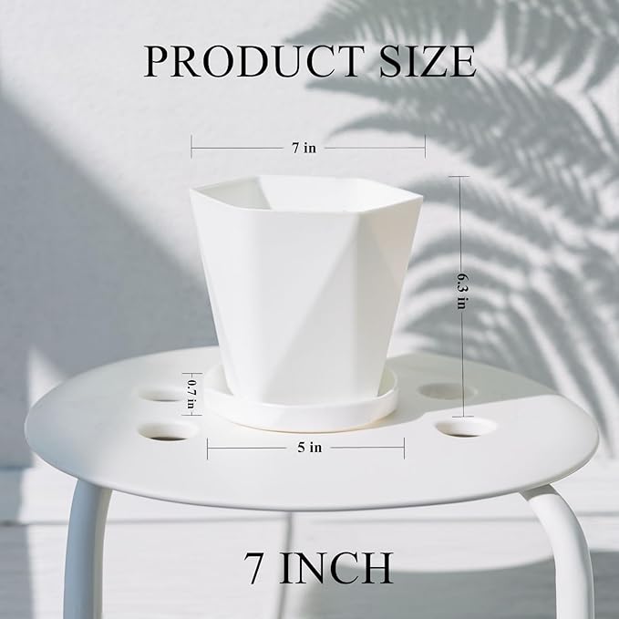 InmeRun Plant Pots Indoor Plastic Flower Pots Outdoor 7 inch Set of 12 Pack with Drainage Holes and Saucers for Garden Pots (7 in 12 White)