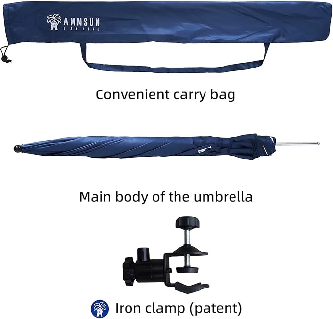 AMMSUN XL Chair Umbrella with Universal Clamp Adjustable 47 inches and 360-degree Swivel UPF 50+, Portable Clamp on Camping or Beach Chair, Stroller, Wheelchair, Golf cart, Navy Blue, 2 PACK