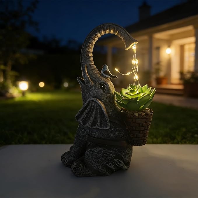 Solar Powered Garden Statue with LED Lights, Grey Stone Resin Elephant Planter, Decorative Outdoor Sculpture with Birds and Succulents,for Balcony, Garden, Patio, Yard, Lawn(Gray)
