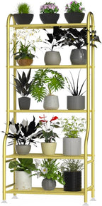 5-Tier Metal Plant Stand - Heavy Duty Indoor Outdoor Flower Shelf for Multiple Pots, 65" Tall Vertical Holder with Adjustable Leveling Feet & Wall-Fixing Kits, Gold
