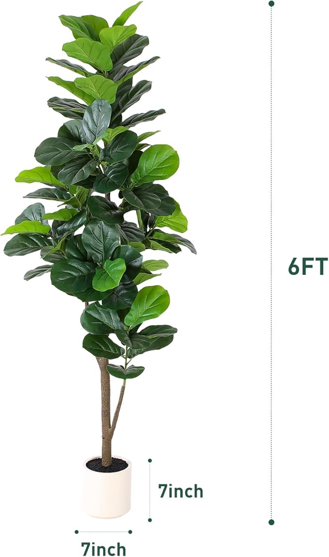 Artificial Fiddle Leaf Fig Tree 6FT with Planter Faux Trees Indoor Tall Artificial Tree, Stable Base, 84 Realistic Leaves, for Indoor/Outdoor Home Office Living Room Decor, Housewarming Gift