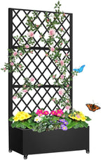 Metal Planter Box with Privacy Screen Trellis,Galvanized Raised Garden Bed On Wheels for Climbing Plants Vines, Standing Garden Flower Bed with Drainage Holes (Black, 35" L x16 W x 73" H)